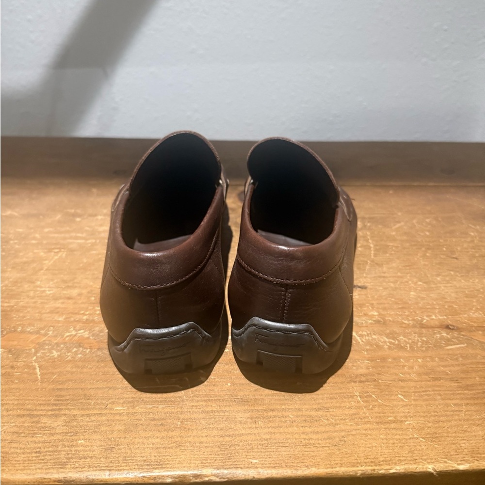 Salvatore Ferragamo Chocolate Leather Slip-Ons with Silver Accent - Picture 5 of 11